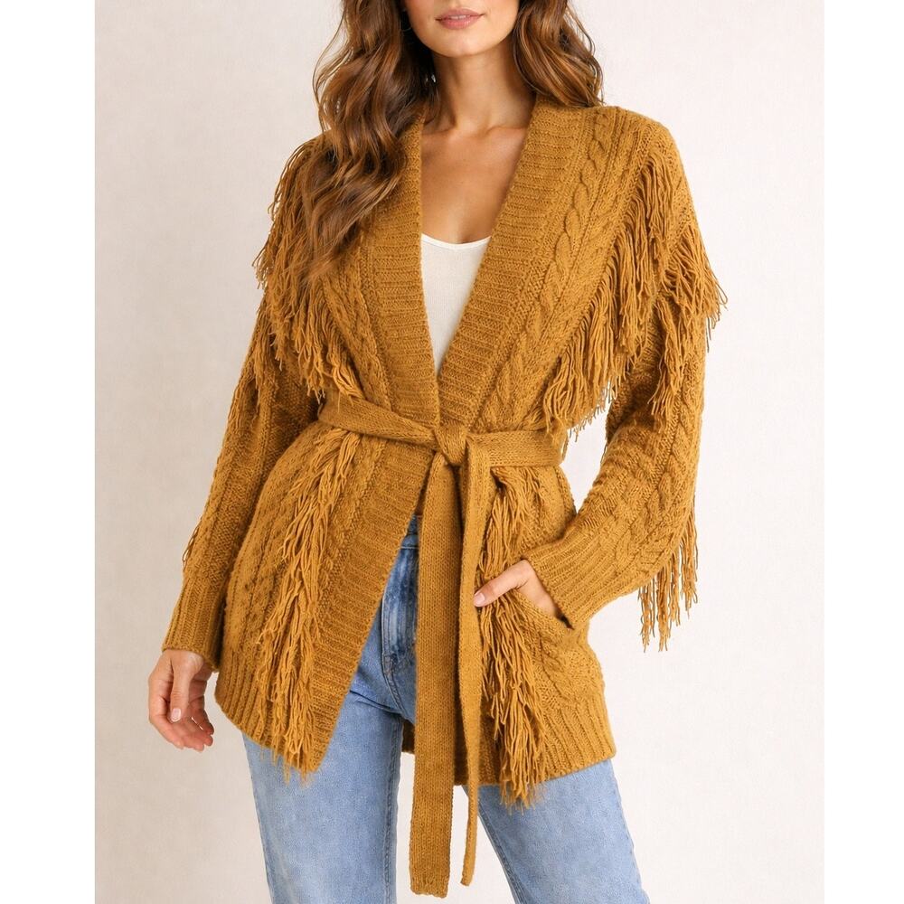 Scoop Fringe Cardigan Sweater Belted Brown Boho Knit Size S Cozy Duster